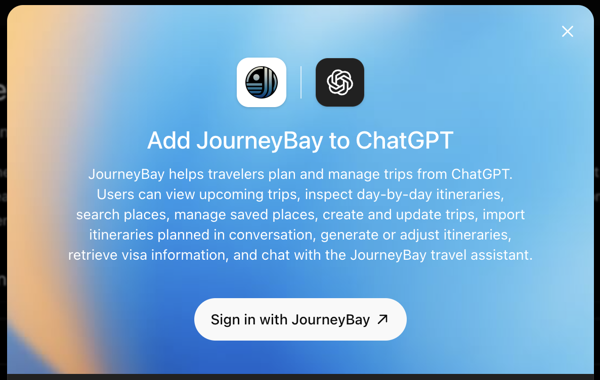 JourneyBay connection screen in the ChatGPT app directory: 'Add JourneyBay to ChatGPT' with a 'Sign in with JourneyBay' button